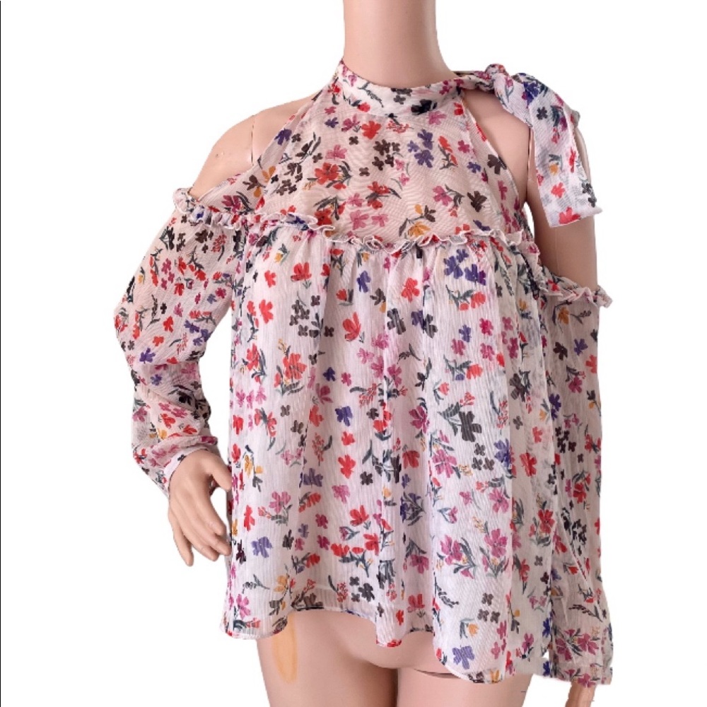 ZARA TRAFALUC Boho Floral Crinkle Cold Shoulder Top Blouse Lined